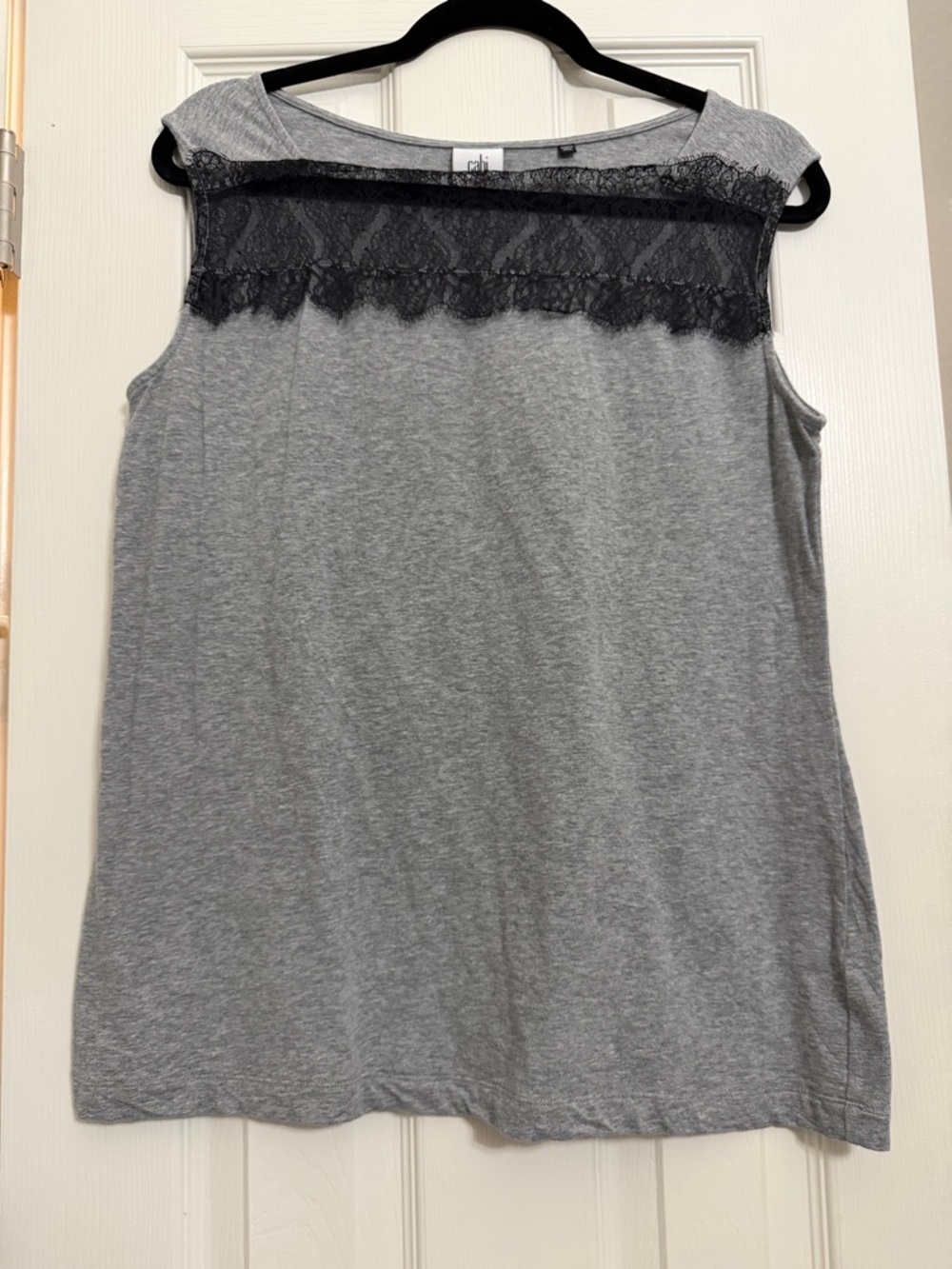 Sleeveless Gray Tank with Black Lace Yoke